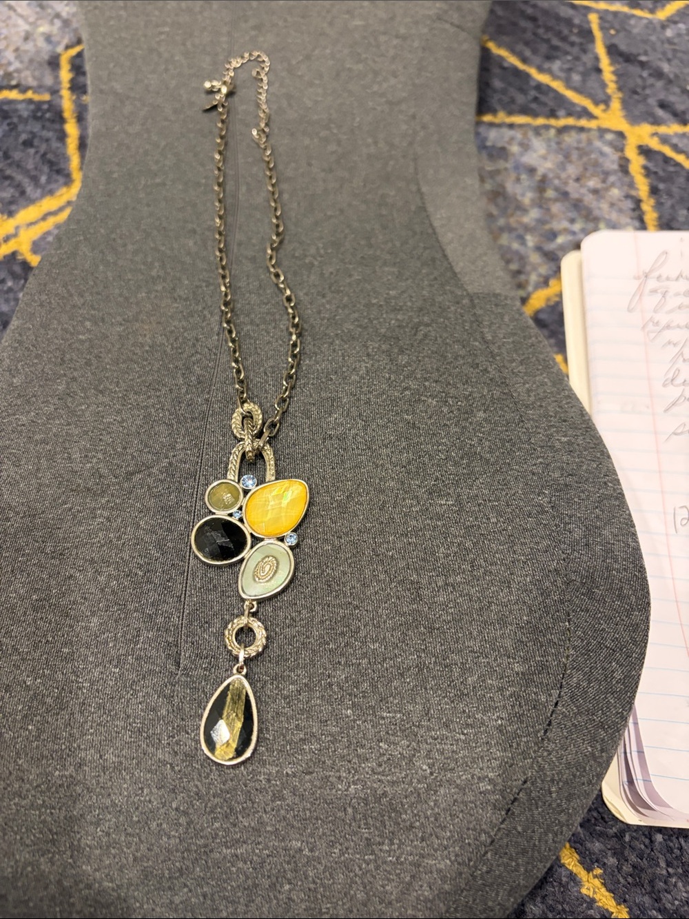 Statement Multi-Stone Pendant Necklace in Yellow, Black & Green